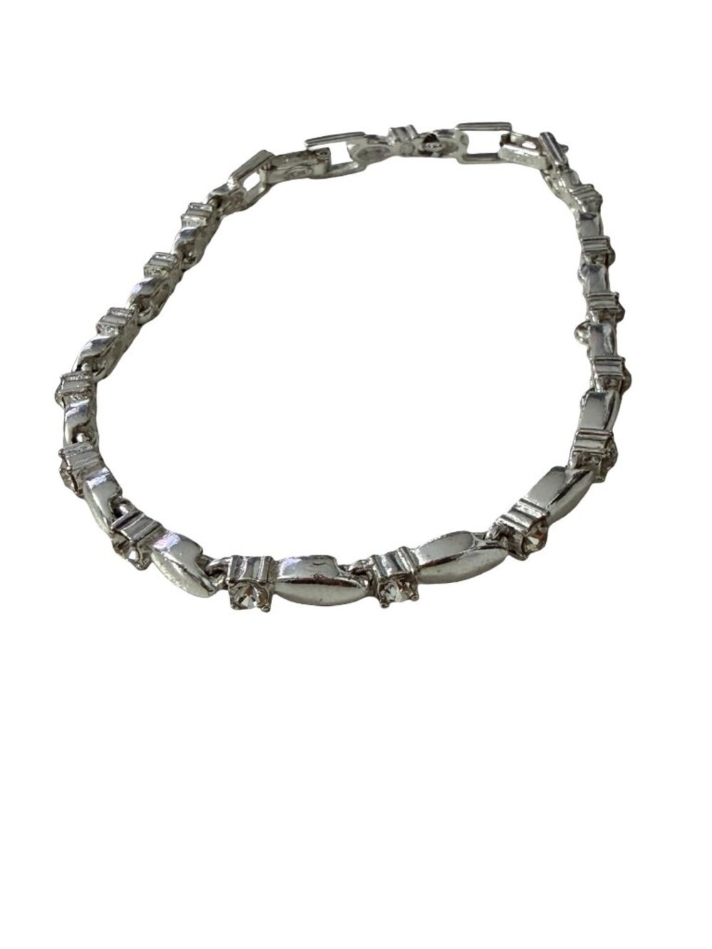 Vintage Avon Silver Tone Clear Rhinestone Geometric Link Bracelet 8.5"